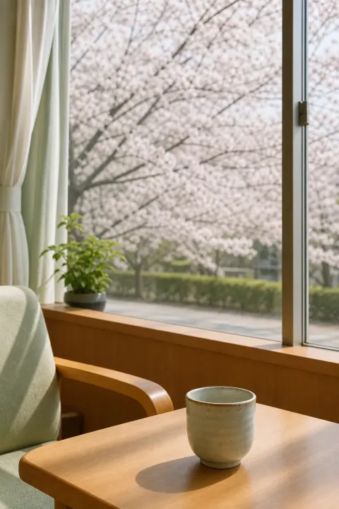 桜が見える窓辺の湯呑み