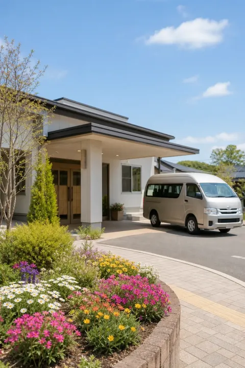 花壇と送迎車のある玄関